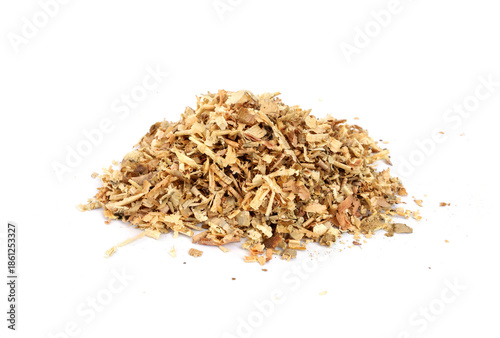 Pile of Pin Sawdust or Wood shavings for pet cage bedding material isolated on white background.