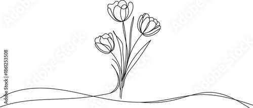 Elegant continuous one line drawing of tulip flowers minimalist botanical art for wedding invitation logo design and aesthetic tattoo