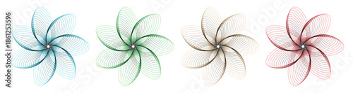 Set of Four Colorful Spiral Pinwheel Vector Designs – Cyan, Green, Orange, and Red Decorative Elements on Transparent Background