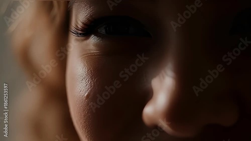 Close-up of a woman's face with a tear in her eye