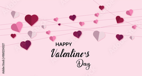 Happy valentine's day greeting with a festive array of pink, purple, and white paper hearts