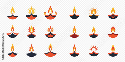 Set of various Diwali oil lamps, traditional Indian festival of lights, flat vector illustration.