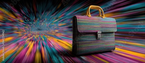 Colorful briefcase against abstract, colorful streaks, motion blur background
