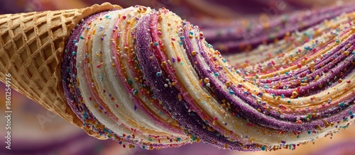 Colorful swirled treat flowing from waffle cone, covered in sprinkles