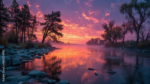 River at dawn reflects vibrant sunrise, trees silhouetted, foggy
