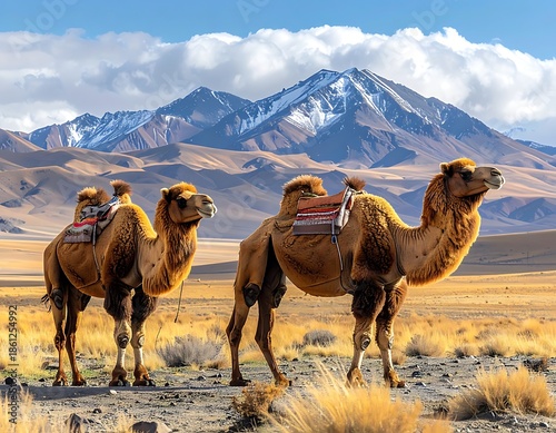 Two camels stand in a dry, grassy field before snow-capped mountains under a blue, cloudy sky