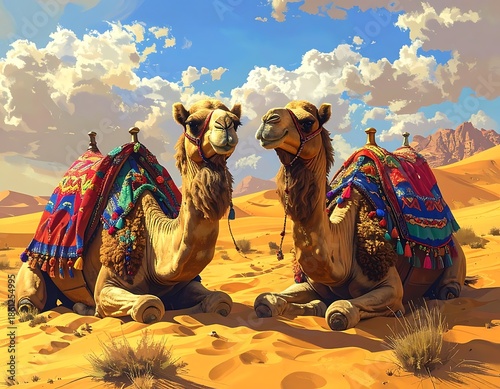 Two camels rest with ornate saddles on sandy dunes under a bright blue sky with puffy clouds
