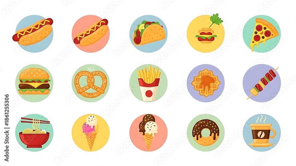 Fototapeta premium Colorful Food Icons Set on White Background.