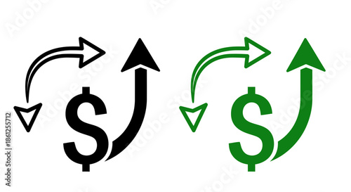 Simple white curved arrow icon contrasting with a vibrant green circular flow diagram featuring an upward trending dollar sign symbolizing financial growth and investment on transparent background
