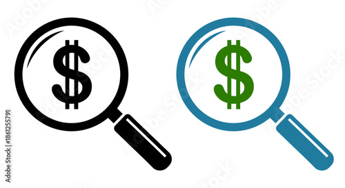 Simple graphic icon illustrating the concept of financial scrutiny or searching for money with a magnifying glass focusing on a prominent green dollar sign symbol on transparent background