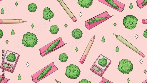 Cannabis rolling papers marijuana buds and scales seamless pattern background