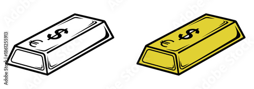 Two distinct illustrations of a classic rectangular precious metal ingot marked with dollar and euro currency symbols side by side on transparent background