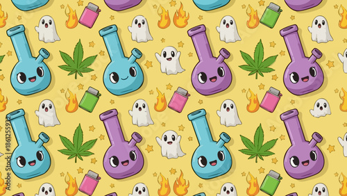 Cute cartoon pattern featuring smiling bongs cannabis leaves and ghosts