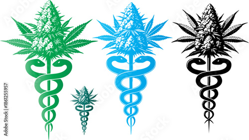 Medical cannabis caduceus symbols representing alternative herbal therapy services