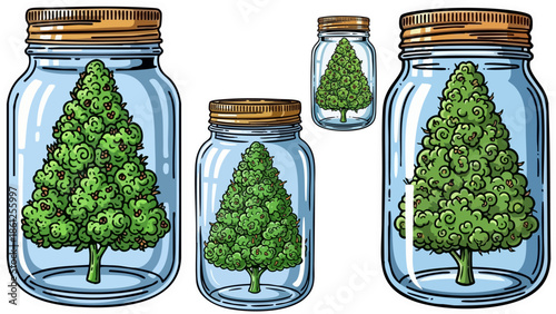 Cannabis buds shaped like Christmas trees preserved inside glass jars