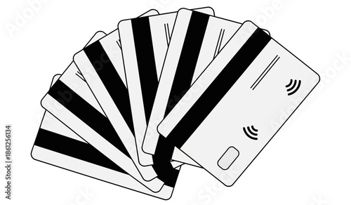 Various credit cards fanned out in a semi-circle on transparent background