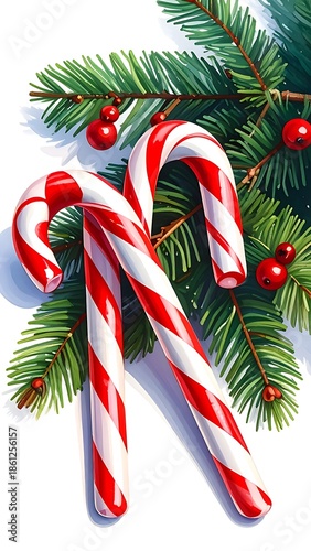 Two candy canes nestled within pine branches and red berries