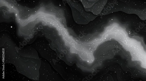 Swirling waves of cosmic shadows and light dance across a starry expanse at night