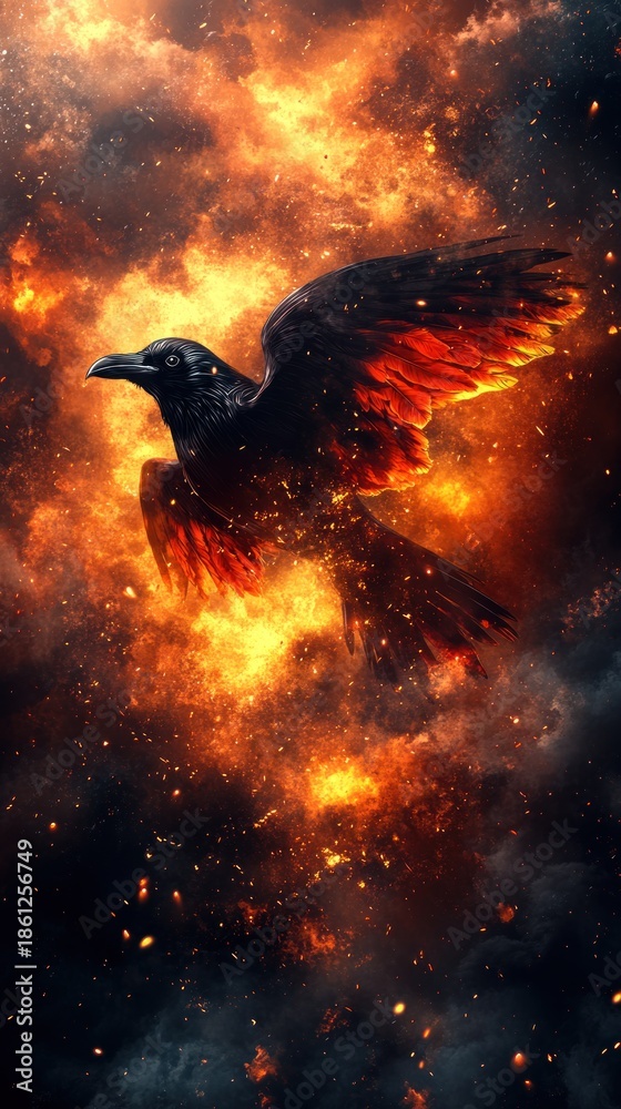 Fototapeta premium Majestic raven soaring through a fiery sky at dusk with vibrant colors