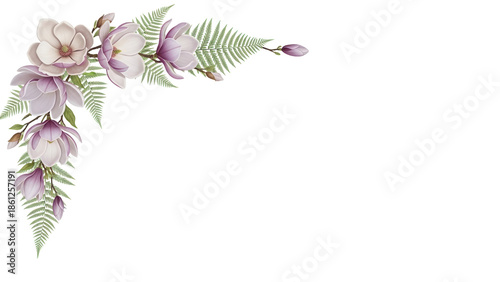 Minimal luxury floral corner border with magnolia and fern in lavender and beige isolated on white background