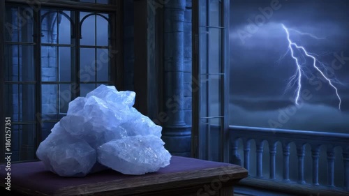 A luminescent crystal formation sits on a table near a window; a lightning strike illuminates the outside