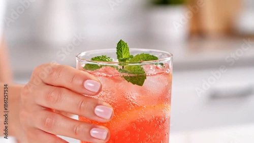 Refreshing beverage with ice and mint garnish closeup