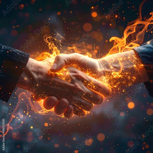 Two hands clasp amidst fiery, glowing energy; bokeh and smoke-like swirls fill the dark background