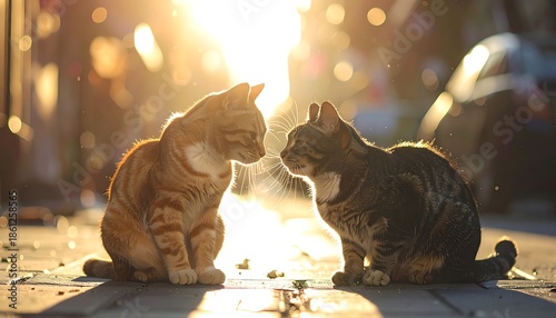 Two cats facing each other in a sunlit outdoor scene with warm light and blurred background