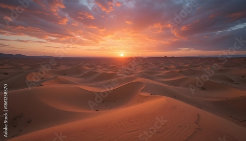 Vibrant desert sunset with rolling sand dunes under colorful sky
