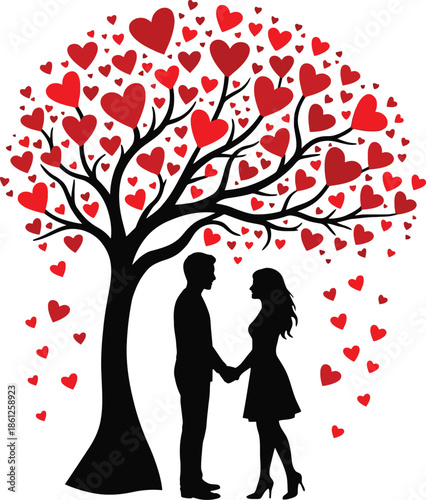 Romantic Couple Silhouette Under Heart Tree ? Love Vector Illustration for Valentine?s Day and Relationship Themes
