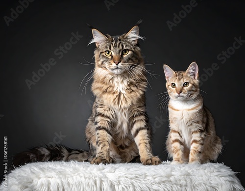 Two cats, one large and one small, sit on a white furry surface against a dark background