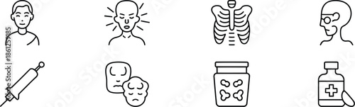 health and wellness icons for doctor, patient, symptoms, and treatment concepts