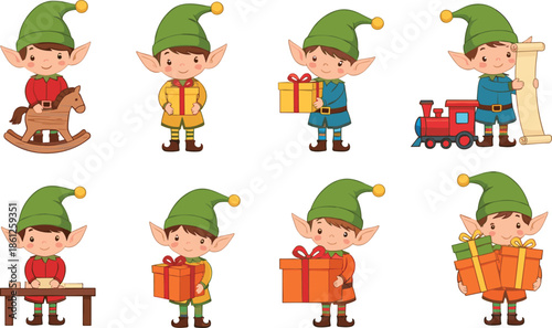 Cute Christmas elf character collection featuring cartoon elves with green hats holding gifts riding rocking horse and reading list for holiday vector.