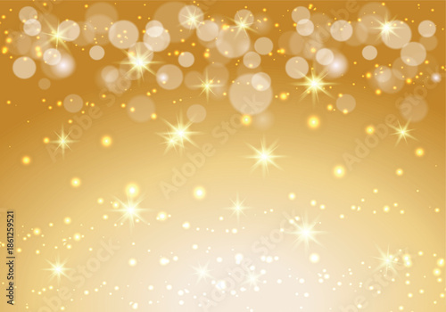Golden Festive Background with Glowing Starbursts and Bokeh Lights for Holiday Celebration Design