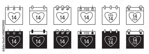Valentine Calendar Icons Featuring February 14 with Heart Shapes, Black and White Variations, and Romantic Elements