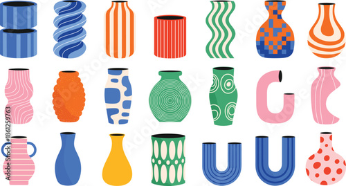 Colorful ceramic vase collection featuring various modern shapes and hand painted patterns like stripes dots waves and swirls for home decor and vector.