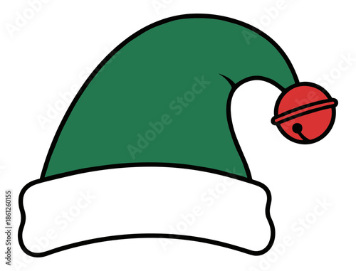 A traditional green elf hat with a white brim and small red jingle bell Isolated transparent background ( include cut-out PNG file )