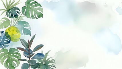 Watercolor tropical leaves frame with monstera and eucalyptus on soft background for botanical design projects and natural decor applications.