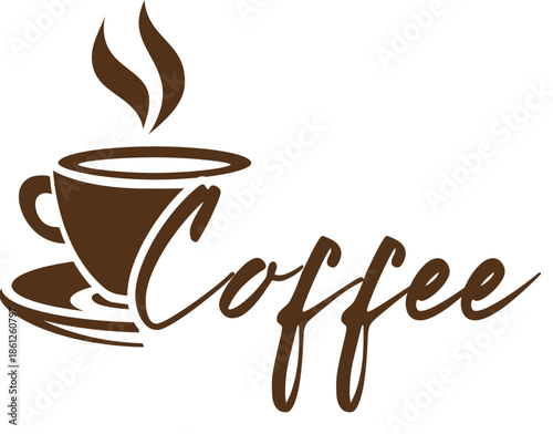 Hot aromatic espresso coffee in a brown ceramic mug with steam and roasted beans for a cafe breakfast beverage vector illustration icon design