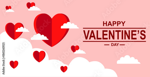 Happy Valentine’s Day Typography with Floating Red Hearts and White Clouds on Pink Background for Romantic Greeting Design
