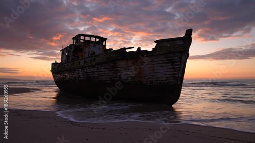 Weathered shipwreck silhouetted against sunset sky
