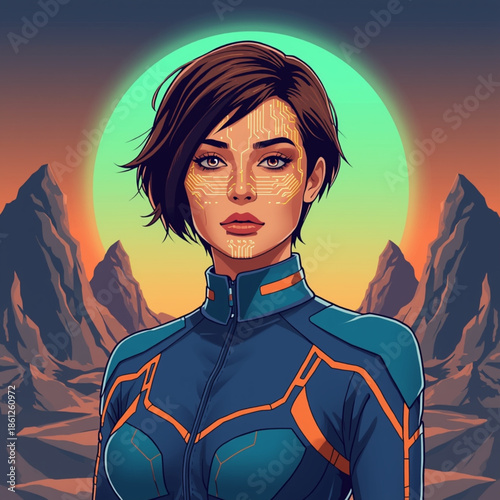 Cybernetic explorer woman with glowing facial circuits on an alien planet at dawn