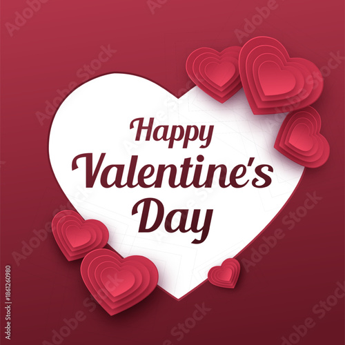 Happy Valentine’s Day Greeting Card with Layered Red and Pink Hearts and Central White Heart on Dark Red Background