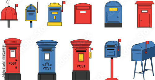Colorful mailbox collection featuring various red and blue post box designs with flags for mail delivery correspondence communication and flat vector design.
