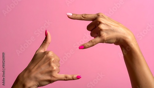 Two hands frame with fingers, brightly manicured, standing out on a vibrant pink background. Close-up shot