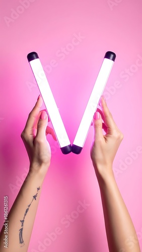 Two hands hold a bright pink neon light in a V shape against a pink background