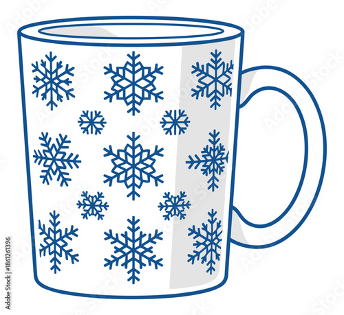White ceramic coffee mug decorated with many blue winter crystalline snowflake patterns.Isolated transparent background ( include cut-out PNG file )
