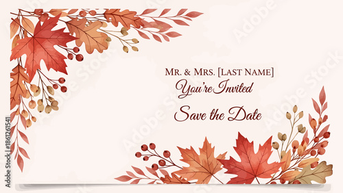 Elegant autumn leaves save the date wedding invitation with personalized text and botanical border