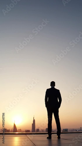 lone figure in minimalist business attire, dramatic silhouette on skyscraper rooftop, gazing at golden hour sunrise over cityscape. concept of strategic vision and opportunity