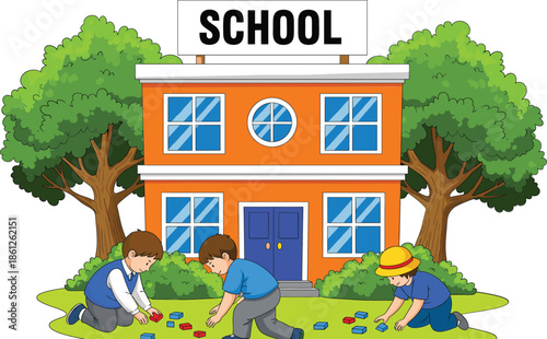 Children Cleaning School Yard Together In Front Of School Building Cartoon Vector Illustration For Education Concept